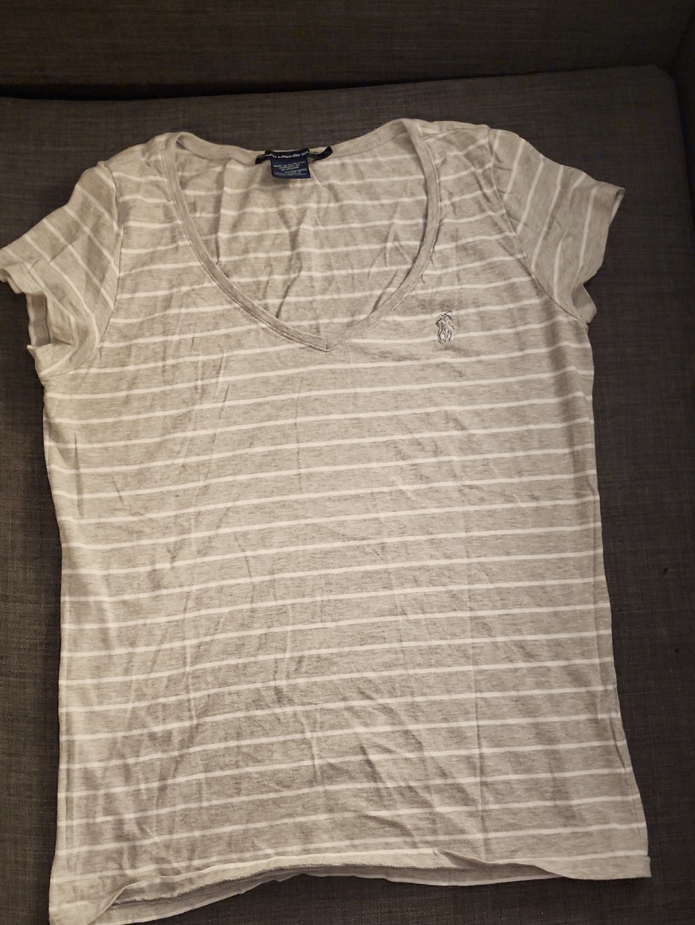 Ralph Lauren Women's White and Light Gray Striped V-Neck Tee